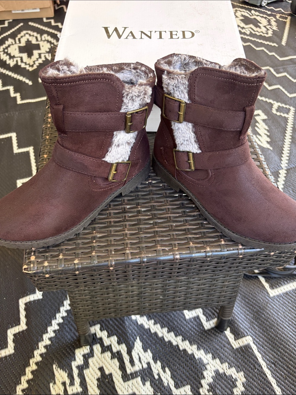 WANTED Chocolate Brown Faux Fur Trim Ankle Boots brand new never worn